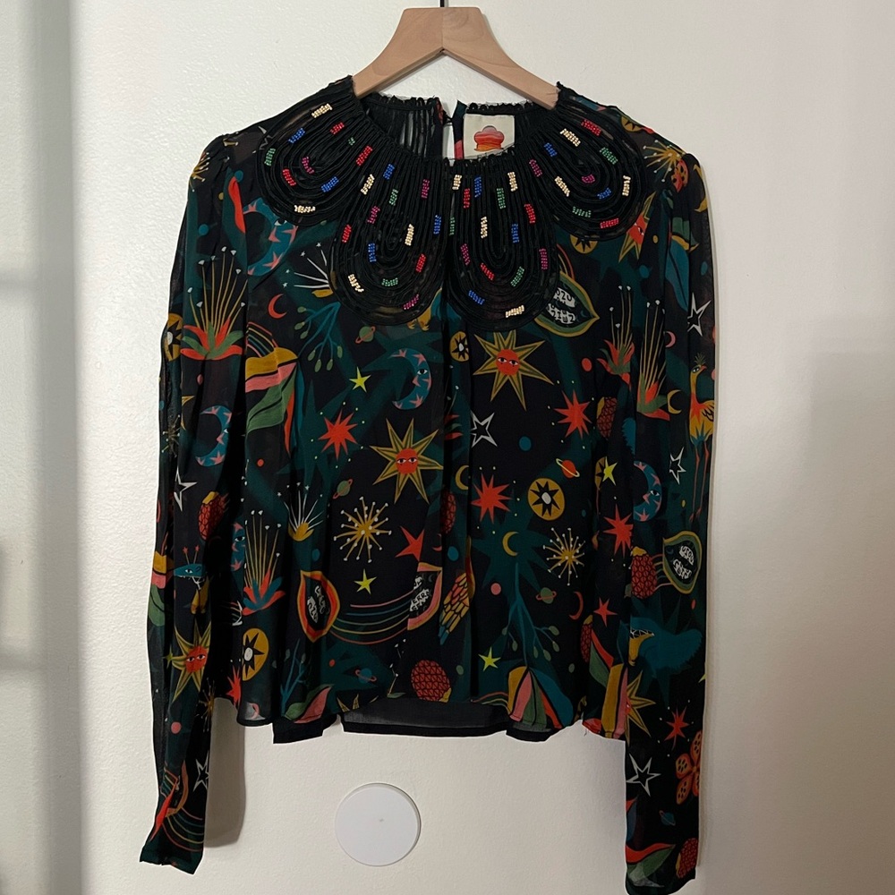 Farm Rio blouse with beadwork (last season) like new worn once size M 8 - Picture 4 of 10